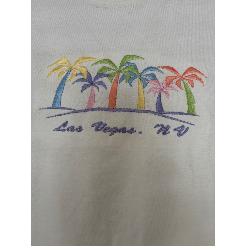 Gildan‎ T-Shirt Women Large White Excellent Las Vegas NV Embroidered Palm Trees